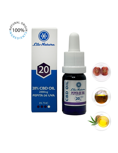 Aceite 20% CBD con Aceite Semilla Cáñamo Orgánico y 1% Pepita Uva BIO 10ml